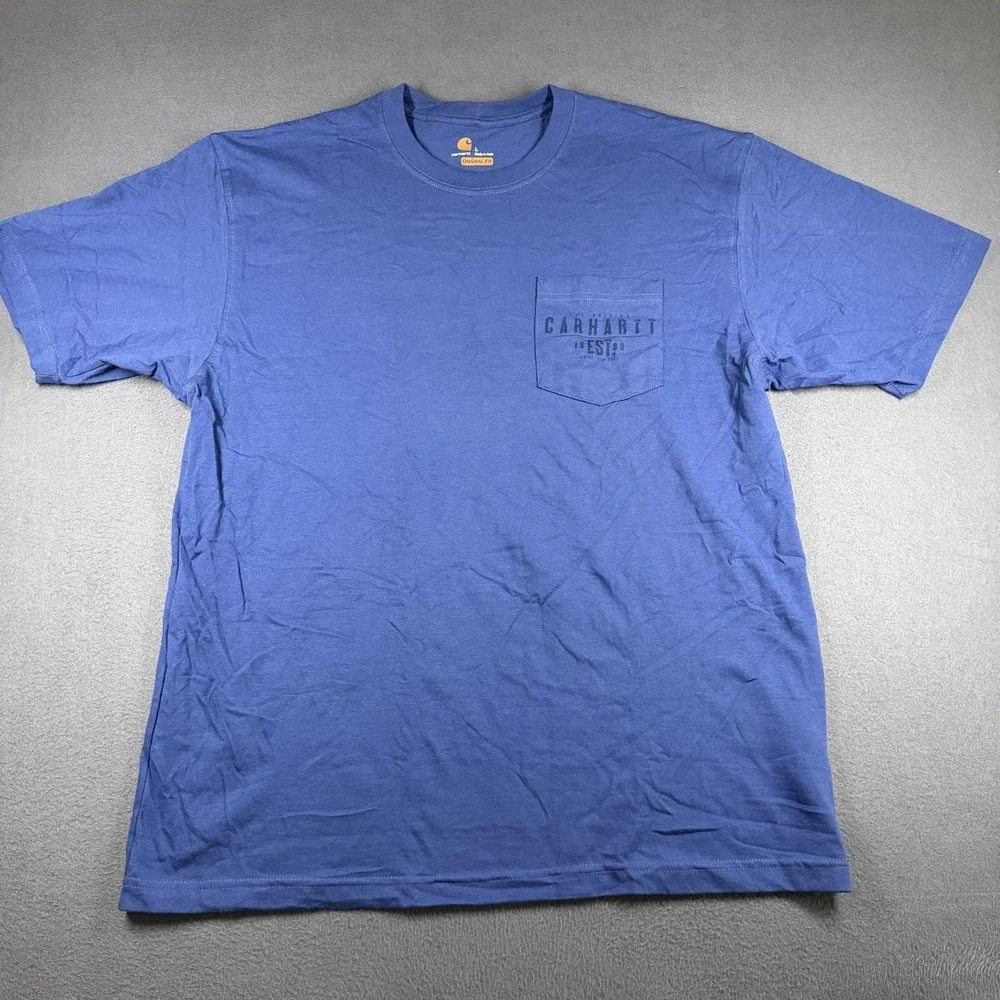 Carhartt T-Shirt Mens Large Blue Built To Last Pocket Work Graphic‎ Tee USA